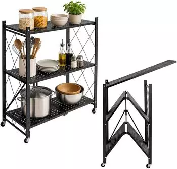 Relaxdays Klappregal 3 Ebenen mit Rollen und Bremsen, Stahl, schwarz, 91x71x34cm, bis 75kg