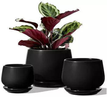 LuxusKollektion Keramik-Blumentöpfe mit Untersetzer, 3er-Set, schwarz, Ø 10+13+16cm