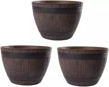 Jinfa Pflanzk&uuml;bel Weinfass-Optik Kunststoff kastanie, 3er-Set, &Oslash;38cm (HDFG-052-A-3PCS)
