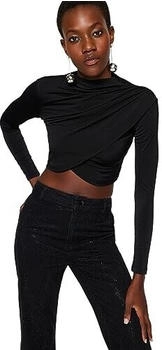 Trendyol Drapierte Crop-Bluse hohem Kragen schwarz