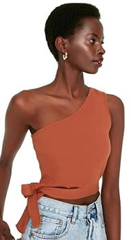Trendyol Slim Fit Basic Strickbluse asymmetrischer Kragen zimt