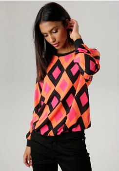 Aniston Shirtbluse Bündchen und Retro-Muster bunt schwarz orange pink