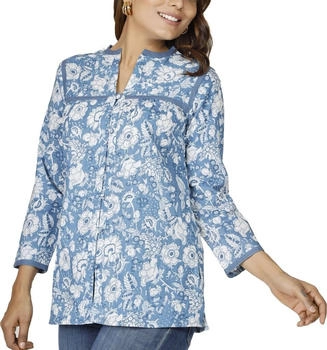 Guru-Shop Handbedruckte Bluse luftig hellblau Baumwolle
