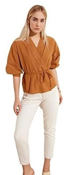 Trendyol Zweireihige gewebte Bluse Bindedetail camel