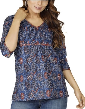 Guru-Shop Handbedruckte Bluse luftig blau baumwolle