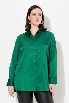 Ulla Popken Satin-Hemdbluse hinten länger Hemdkragen smaragdgrün