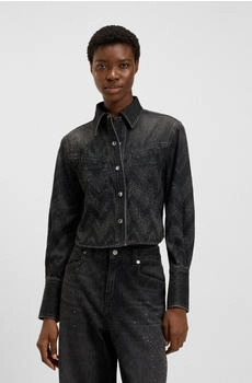 Hugo Boss Regular-Fit Bluse aus kristallbesetztem Denim in Cropped-Länge Style C_SHIRT LS 1.0 50548445 Schwarz