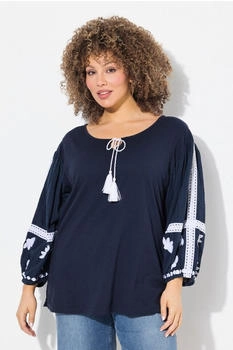 Ulla Popken Bluse Stickerei Tunika-Ausschnitt Langarm marine