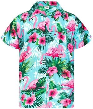 King Kameha Flamingo-Flowers Kurzarmbluse (W-FlamingoFlowers-TurquoisePink-L) türkis-pink