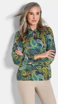 GOLDNER Viskose-Satin-Bluse mit Paisley-Muster Alltagsbluse mit Stehkragen, Smok-Details und Langarm (1836703800380)