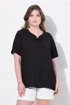 Mia Moda Lange Bluse A-Linie Musselin mit Bindebändern und geraffter Naht schwarz