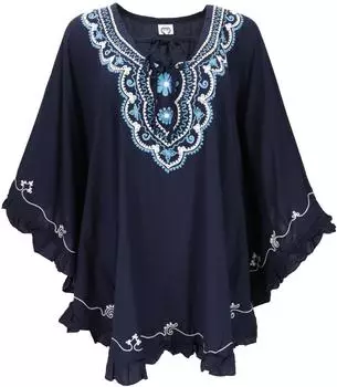Guru-Shop Bestickter Hippie Poncho Tunik Kaftan Strandkleid Maxi (GuruShop) nachtblau