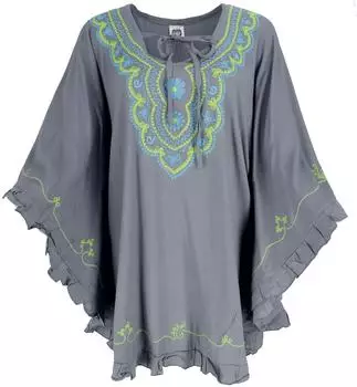 Guru-Shop Bestickter Hippie Poncho Tunika Kaftan Strandkleid Maxi (GuruShop) grau