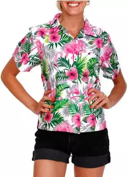 King Kameha Flamingo-Flowers Kurzarm Bluse (W-FlamingoFlowers-WhitePink-M) weiß-pink