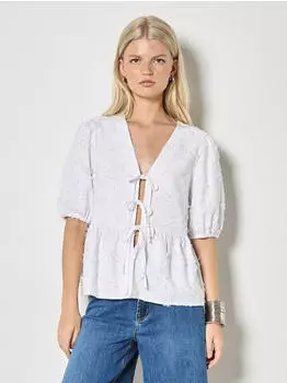 Apricot Eyelash Embroidery Linen Blend Bluse weiß