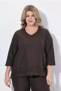 Ulla Popken Hemdbluse mit Stickerei und V-Ausschnitt, 3/4-Arm (846196) dunkelbraun