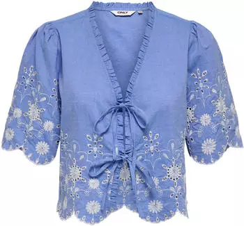 Only ONLMIFFY S/S EMB TIE TOP NOOS WVN Kurzarmbluse Regular Fit (49496244) medium blau denim/royalblau/offwhite