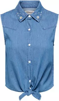 Only ONLBRIAR S/L Pearl Knot Shirt DNM Bluse (15371175) medium blue denim