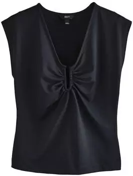 Next Fashion Kurzarmbluse mit V-Ausschnitt und Bindedetail schwarz