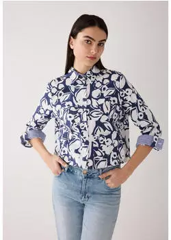 More & More Kurzarm Denim Bluse Feminine Dark Denim twotone flower print