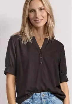 Street One Frauen Kurzarm Bluse mit Split Neck und Elastiksaum in Braun Gr: (A34684917874)