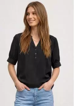 Street One Frauen Kurzarm Bluse mit Split Neck und Elastiksaum in Schwarz Gr: (A34684910001)