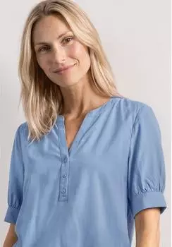 Street One Frauen Kurzarm Bluse mit Split Neck und Elastiksaum in Blau Gr: (A34684917926)