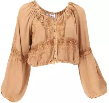 Guru-Shop Bestickte Hippie Langarm Bluse Boho mit Pluderärmeln (59729) sand