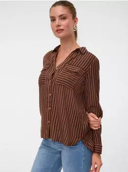 Vero Moda VMBUMPY L/S Shirt New WVN GA NOOS Hemdbluse, Regular Fit chocolate torte stripes/new stripe cocoa brown