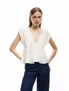 Koton Blusentop Kurzärmelig V-Kragen Satinbluse beige