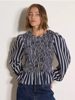 Apricot Gerafftes gestreiftes Oberteil mit Rüschen (73464902) navy