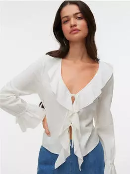 Vero Moda VMJAMIE TIE LS TOP WVN Rüschenbluse (33585522) snow weiß
