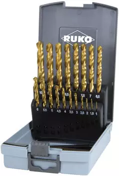 RUKO Spiralbohrersatz DIN 338 Typ N HSS G TiN in Kunststoffkassette &Oslash; 1,0 mm
