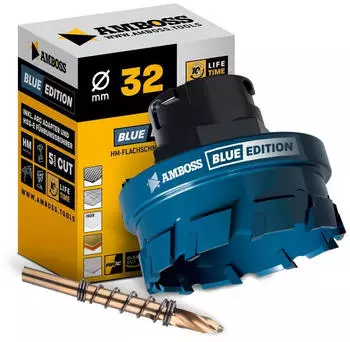 Amboss Flachschnitt Lochsäge Blue Edition HM Hartmetall 32mm (mit Adapter)