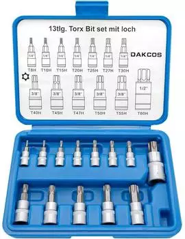LuxusKollektion Torx Bit-Satz T8H-T60H mit Bohrung, 13-tlg., CR-V, 1/4" 3/8" 1/2"