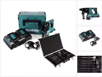 Makita DHR 280 PMJ Brushless Bohrhammer 28mm 2x18V SDS-Plus, 2x4,0Ah + Doppelladeger&auml;t + 17tlg. Bohrer- und Mei&szlig;el-Set (DHR280PMJ)