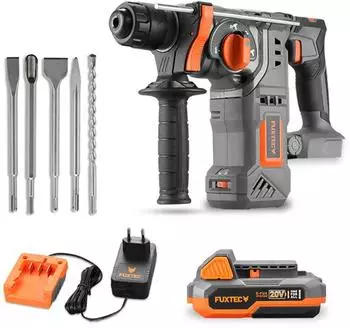 FUXTEC FX-E1RH20 Akku-Bohrhammer 20V mit Akku, Ladeger&auml;t & Mei&szlig;elaufs&auml;tzen (FX-E1RH20)