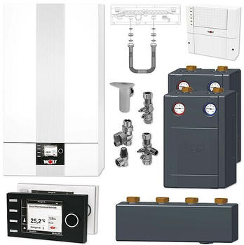 Wolf CGB-2 20kW Paket + Bedienmodul BM-2 in weiß/Verrohrungsgruppen Heiz- & Mischkreis (WOSET608W)