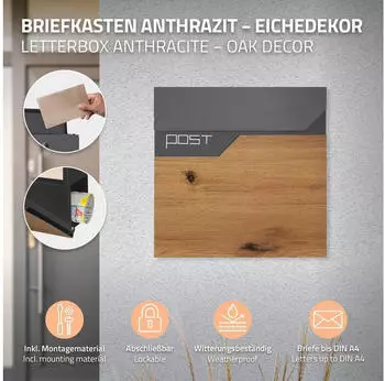 ML-Design Standbriefkasten mit Zeitungsfach, Anthrazit/Holzoptik, 37x37x11cm, 170cm St&auml;nder