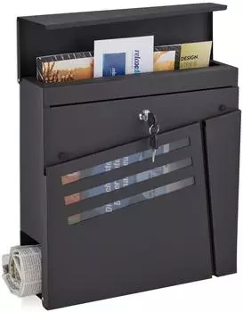 Relaxdays Briefkasten mit Zeitungsfach und Sichtfenster, Stahl, schwarz, 37x37x11cm