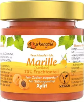 Birkengold Fruchtaufstrich Marille-Aprikose mit Xylit ges&uuml;&szlig;t