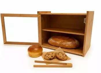 Relaxdays Brotkasten Bambus 2 Etagen Sichtfenster Hellbraun,Transparent