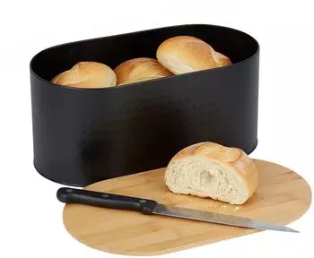 Relaxdays Brotkasten Bambus & Stahl, Deckel als Schneidebrett, 15,5x34x18,5cm, schwarz