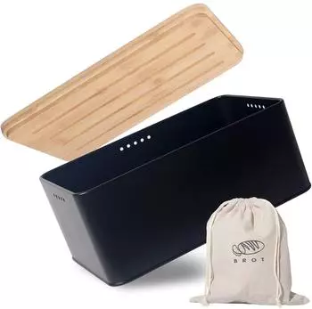 Gerster Theo&Cleo Brotkasten mit Schneidebrett & Leinenbrotbeutel, schwarz
