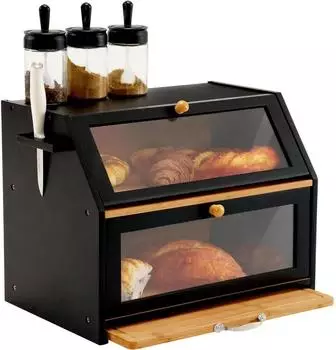 LuxusKollektion Brotkasten Bambus mit Schneidebrett und Messerhalterung, schwarz, 39x26x32,5cm