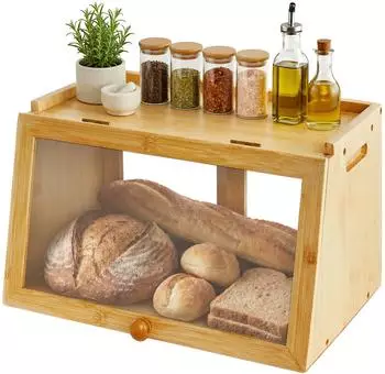 Relaxdays Brotkasten Bambus mit Klappe & Schiebetür, hellbraun