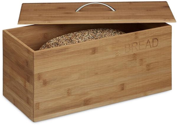 Relaxdays Brotkasten Bambus, Aufdruck BREAD, HxBxT: 20 x 42 x 21,5 cm, Brotbehälter für Brot Brötchen und Kuchen, Holz, Brotaufbewahrung, natur