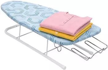 Relaxdays Tischb&uuml;gelbrett klappbar 76x30,5cm, ausziehbare B&uuml;geleisenstation, blau/wei&szlig;