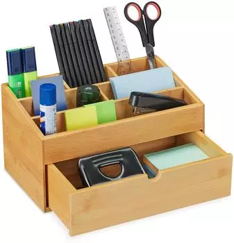 Relaxdays Schreibtisch-Organizer 6 F&auml;cher mit Schubfach, Bambus (10032154)