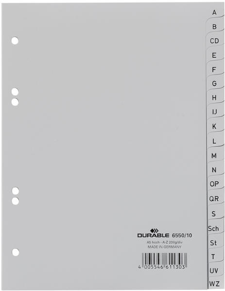 DURABLE Register DIN A5 hoch Vollformat A-Z grau 20-teilig Satz (655010)